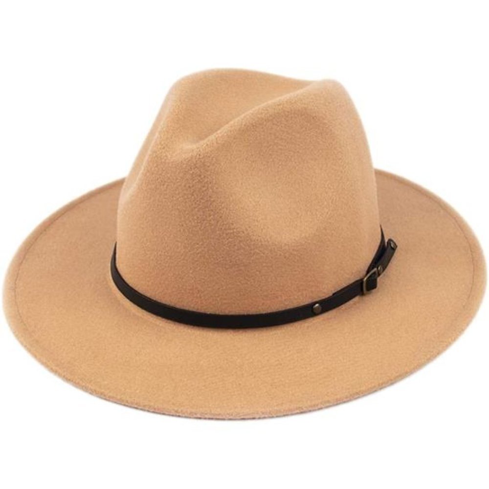 Womens Classic Wide Brim Floppy Panama Belt Buckle Wool Fedora Hat